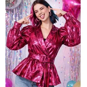 Maxjenny Pink Metallic Ruffle Peplum Jacket Puffy Sleeve Blazer size M